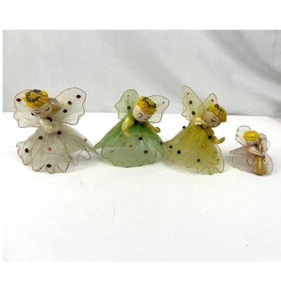 VTG Set of 4 Tulle Dress Violin Playing Angel Christmas Ornaments 1950s READ - Picture 1 of 16